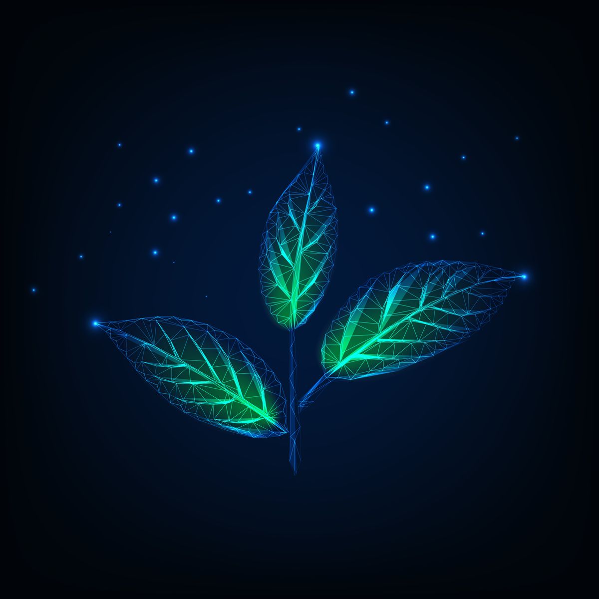 glowing plant with stem and green leaves made of lines, dots, triangles, low polygonal shapes ecology, growth concept