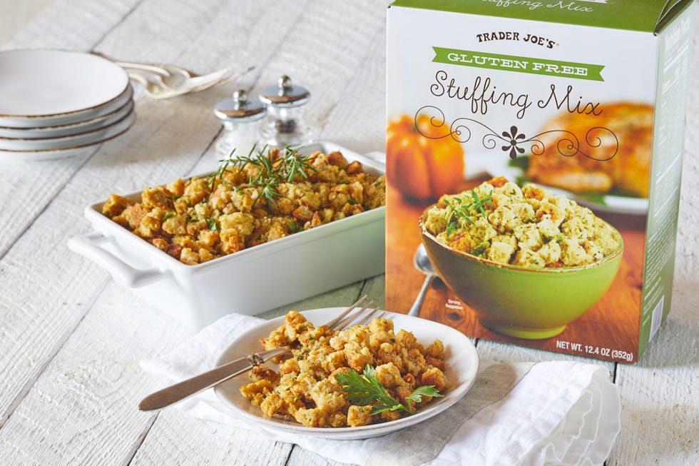 trader joe's gluten free stuffing mix prepared in a casserole dish, some on an appetizer plate
