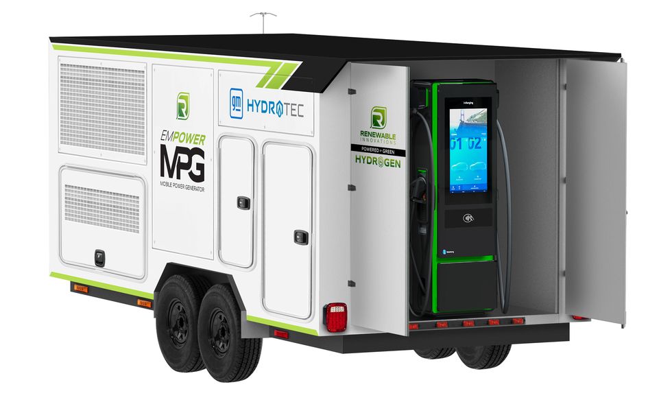gm hydrotec and renewable innovations’ mobile power generator can fast charge evs without having to expand the grid or install permanent charge points in places where there is only a temporary need for power