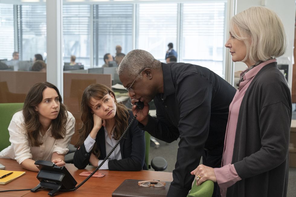 from left jodi kantor zoe kazan, megan twohey carey mulligan, dean baquet andre braugher, and rebecca corbett patricia clarkson in she said, directed by maria schrader