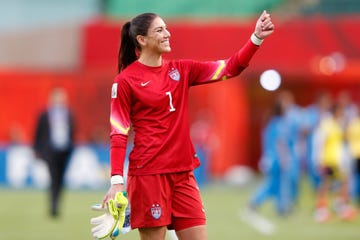 hope solo raises her hand during the usa versus columbia world cup match in 2015