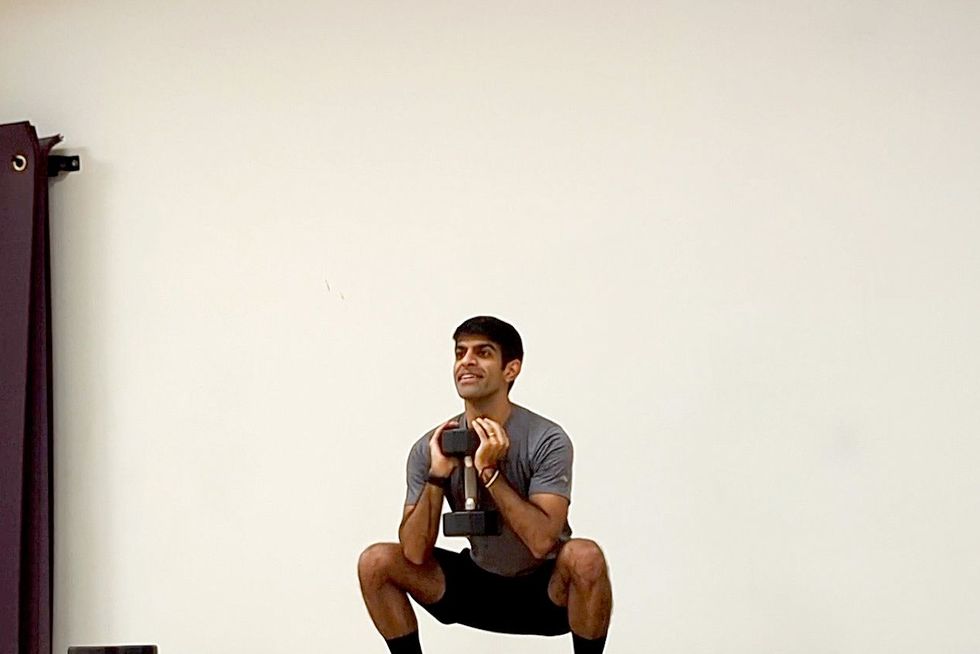 dumbbell glute exercises, hathiramani practices goblet squat