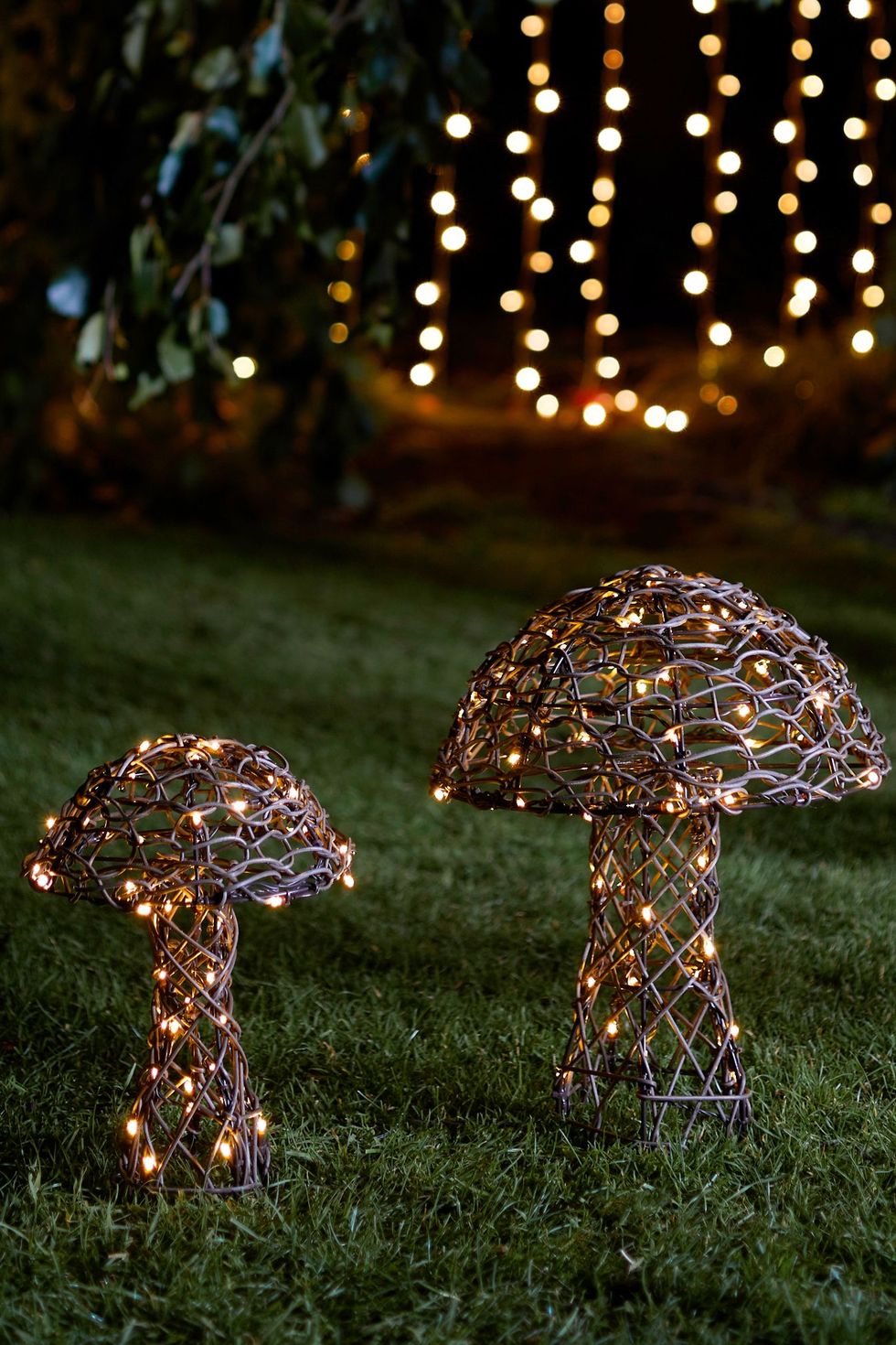 goblincore aesthetic, set of 2 rattan mushroom garden decoration figures, lights4fun