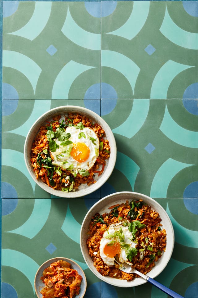 gochujang fried rice on a patterned green and blue surface