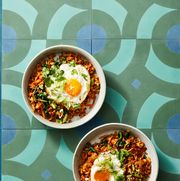 gochujang fried rice on a patterned green and blue surface