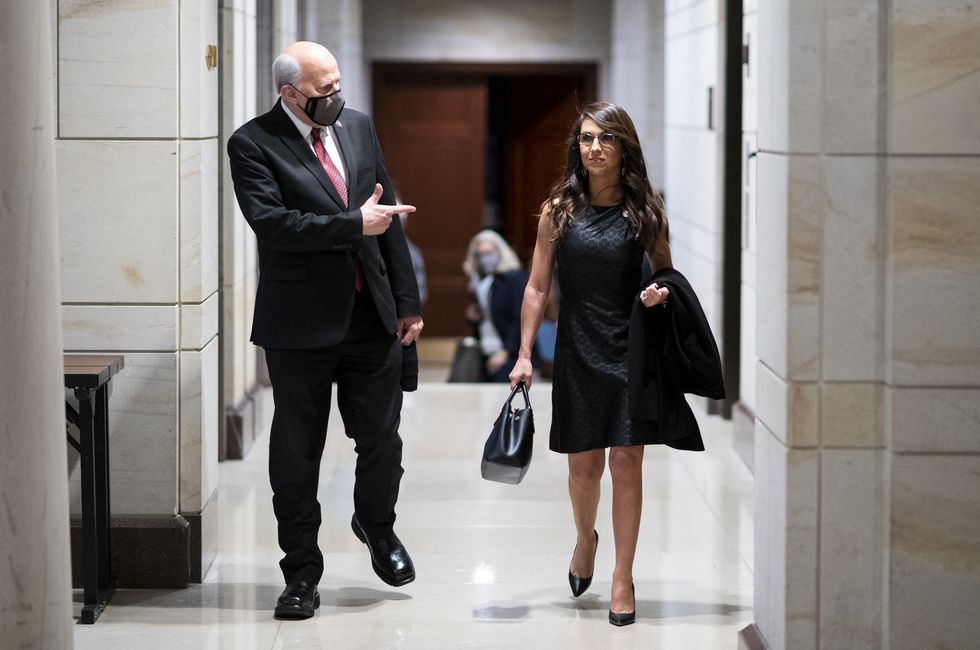 united states   march 9 from left, rep louie gohmert, r texas, and rep lauren boebert, r colo,  leave the house republican conference meeting in the capitol visitor center on tuesday, march 9, 2021 photo by bill clarkcq roll call, inc via getty images