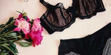 a lace bra and pants set with pink flowers