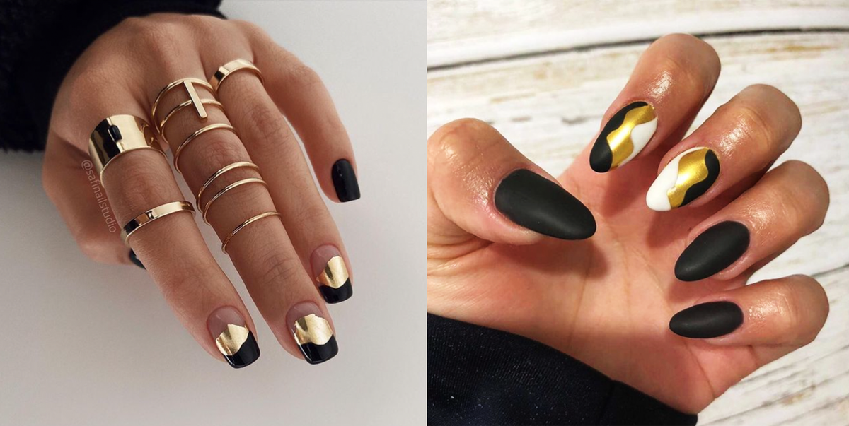 on the left, a hand with black and gold nails and gold rings on a white background, and on the right, a hand with matte black and gold nails on a light brown and white wood background