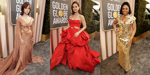 Lily James shuts down Golden Globes in a red Versace dress