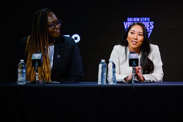 golden state valkyries general manager ohemaa nyanin and coach natalie nakase at a podium