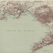 an old map of the gulf of naples, showing the topographic relief of the neighboring volcanoes vesuvius and campi flegrei