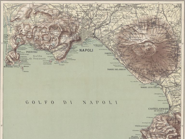 an old map of the gulf of naples, showing the topographic relief of the neighboring volcanoes vesuvius and campi flegrei