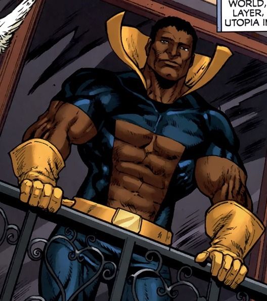 a black man in a blue and yellow superhero suit