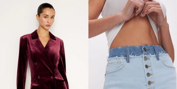 fashion items showcasing a velvet blazer and a denim skirt