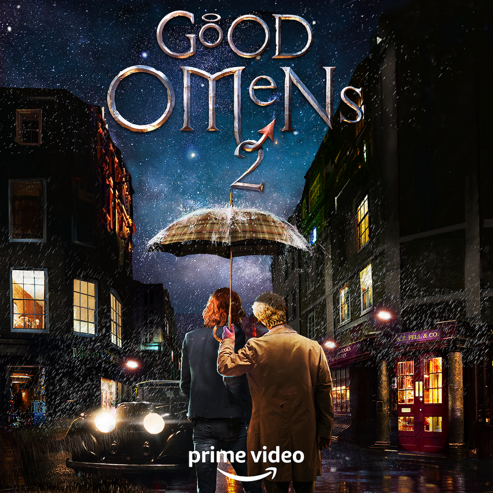 good omens season two announcement poster with michael sheen and david tennant