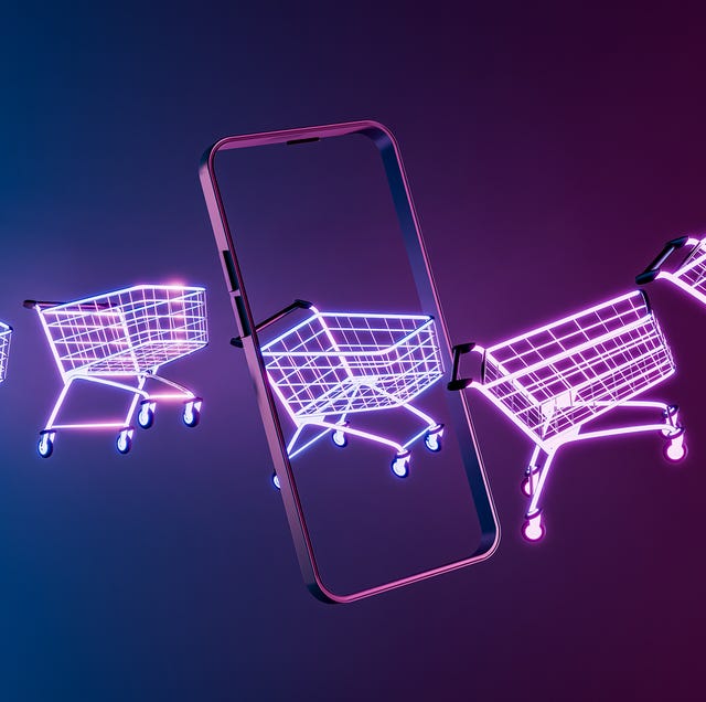 a stylized digital shopping experience concept featuring neon shopping carts and a smartphone a stylized digital shopping experience concept featuring neon shopping carts and a smartphone