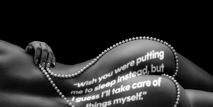 black and white photo shows a woman holding a string of pearls across her back with the words "wish you were putting me to sleep instead, but i guess i'll take care of things myself" projected on her body