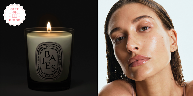 diptyque candle and hailey bieber wearing rhode lip treatment