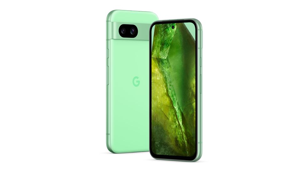 Google Pixel 8a-Telefon in Aloe-Grün, dargestellt von vorne und hinten