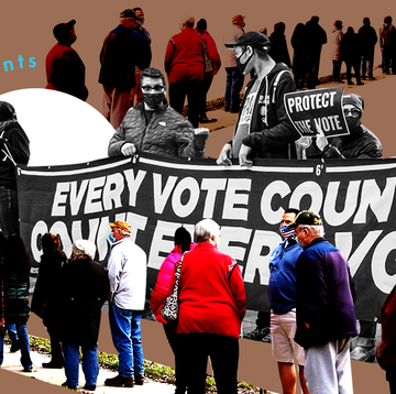 a collage of long voter lines during the 2020 election and the text "every vote counts"