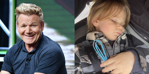 gordon ramsays son oscar naps with a whisk in his hand
