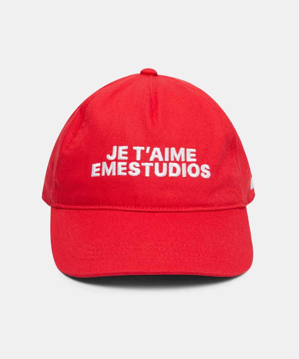 a red hat with white text