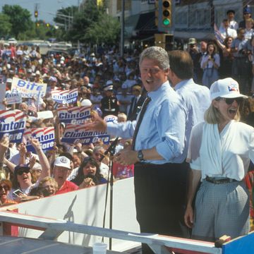 governor bill clinton and hillary clinton during the clintongore 1992 buscapade campaign tour in corsicana, texas