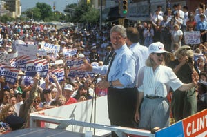 governor bill clinton and hillary clinton during the clintongore 1992 buscapade campaign tour in corsicana, texas