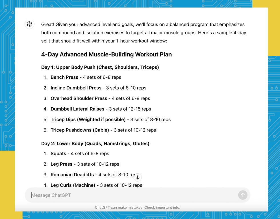 4day advanced musclebuilding workout plan detailing daily exercises and reps