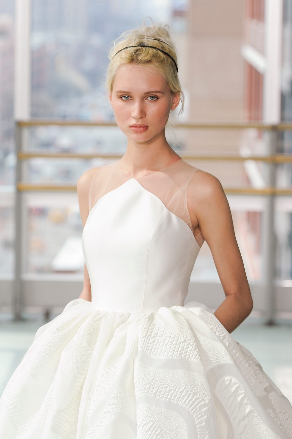 Clothing, Wedding dress, Dress, Gown, Hair, Shoulder, Bridal clothing, Fashion model, A-line, Bridal party dress, 