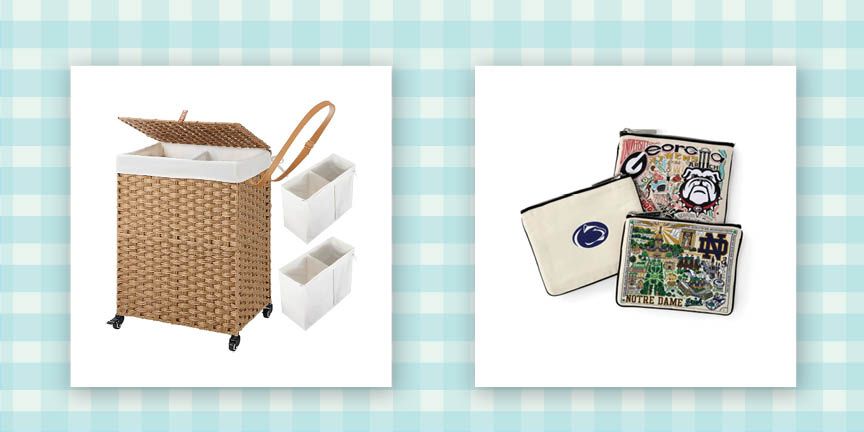 tan wicker laundry hamper with divided liner and castors and small canvas cosmetic bag with artistic college print