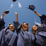 three women throwing graduation caps into the air