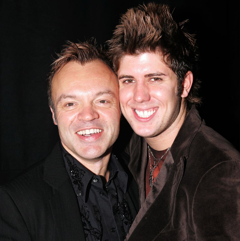 graham norton and his ex boyfriend kristian seeber drag race's tina burner together in 2005, sporting very 2000s hairstyles
