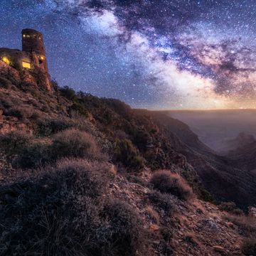 grand canyon desert view watchtower at night with milky way