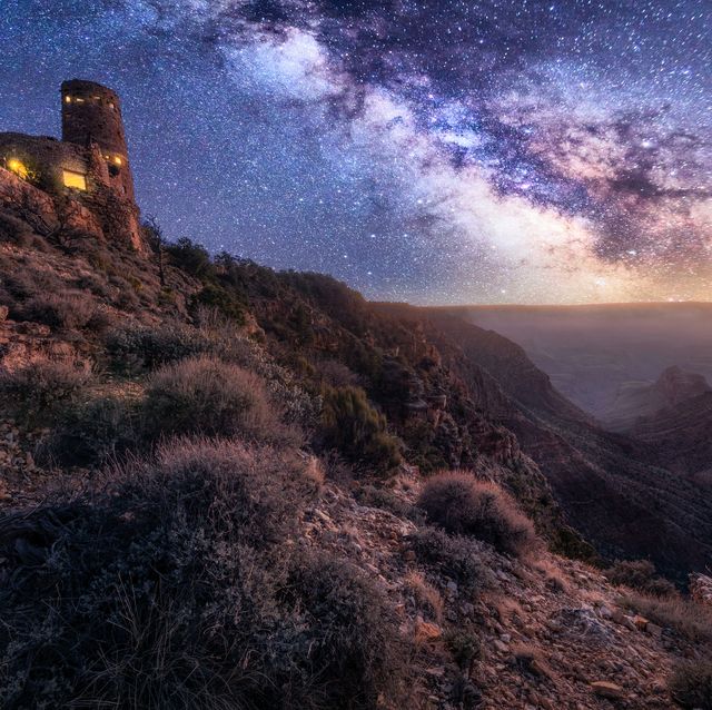 grand canyon desert view watchtower at night with milky way