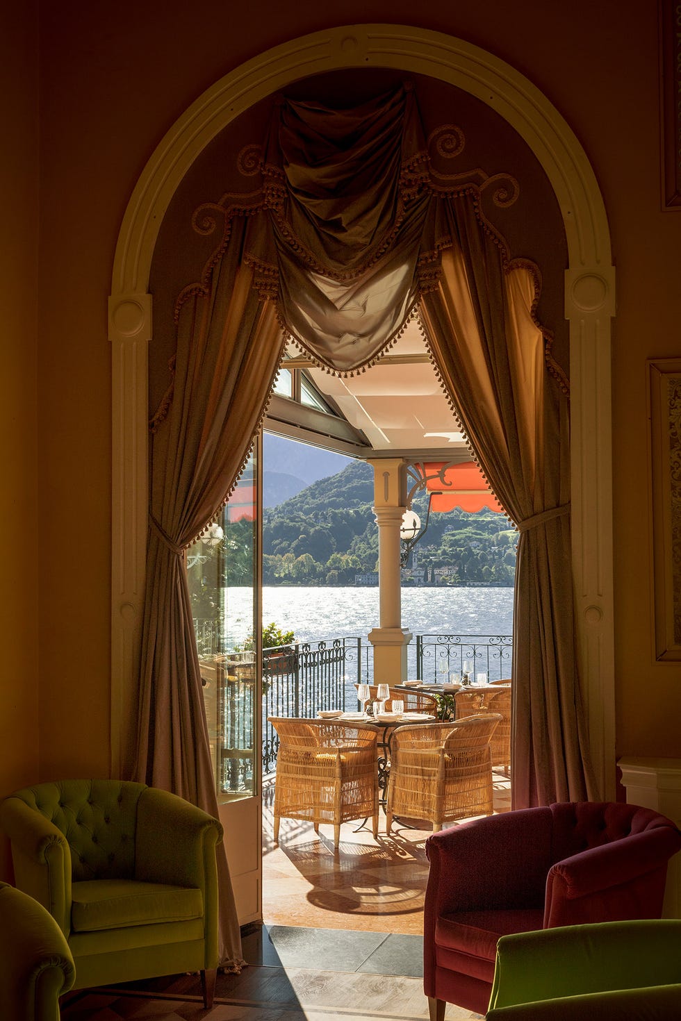 a dining room with a large window