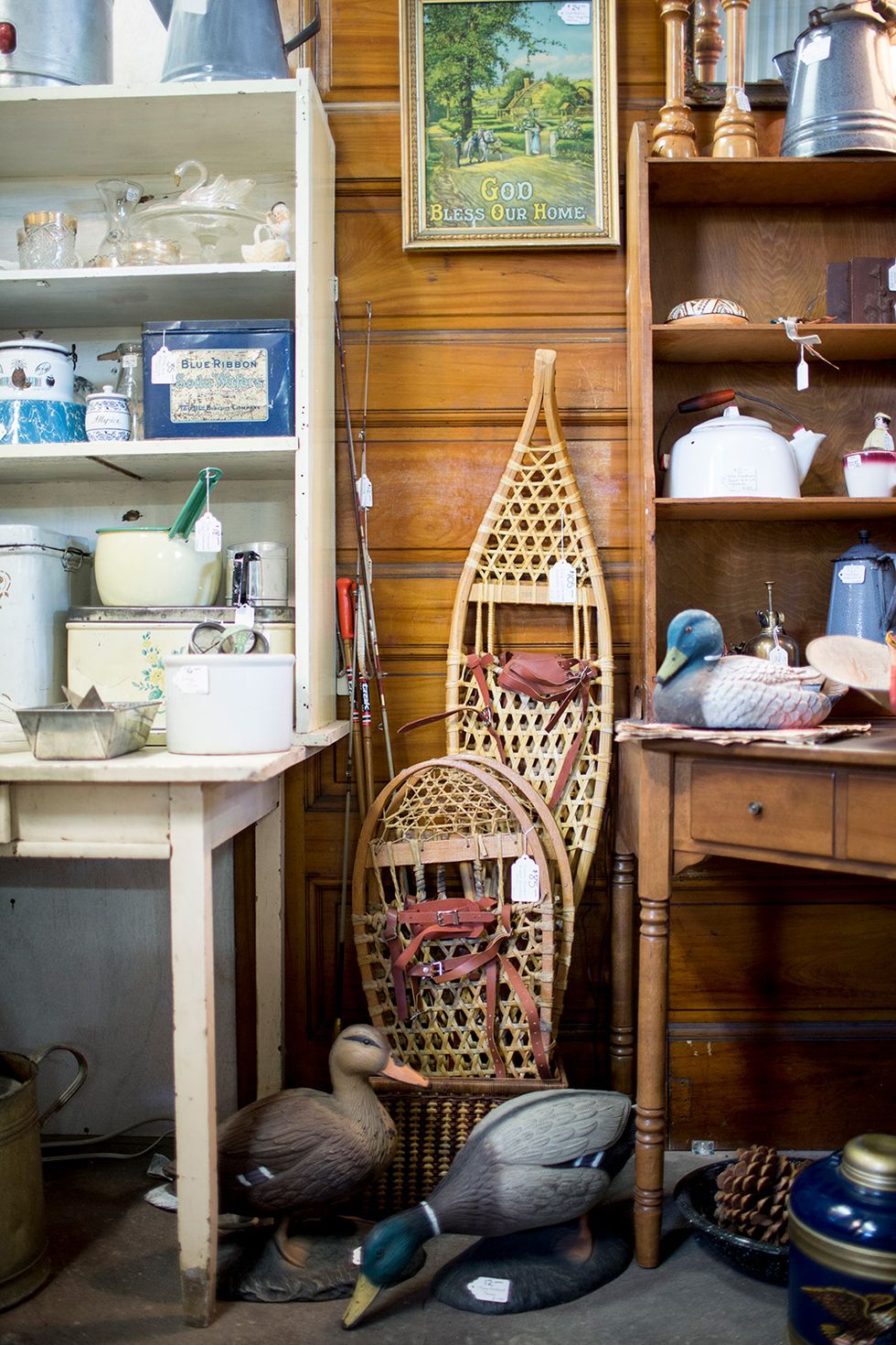 vintage snow shoes and duck statues at joy and company in grand marais minnesota