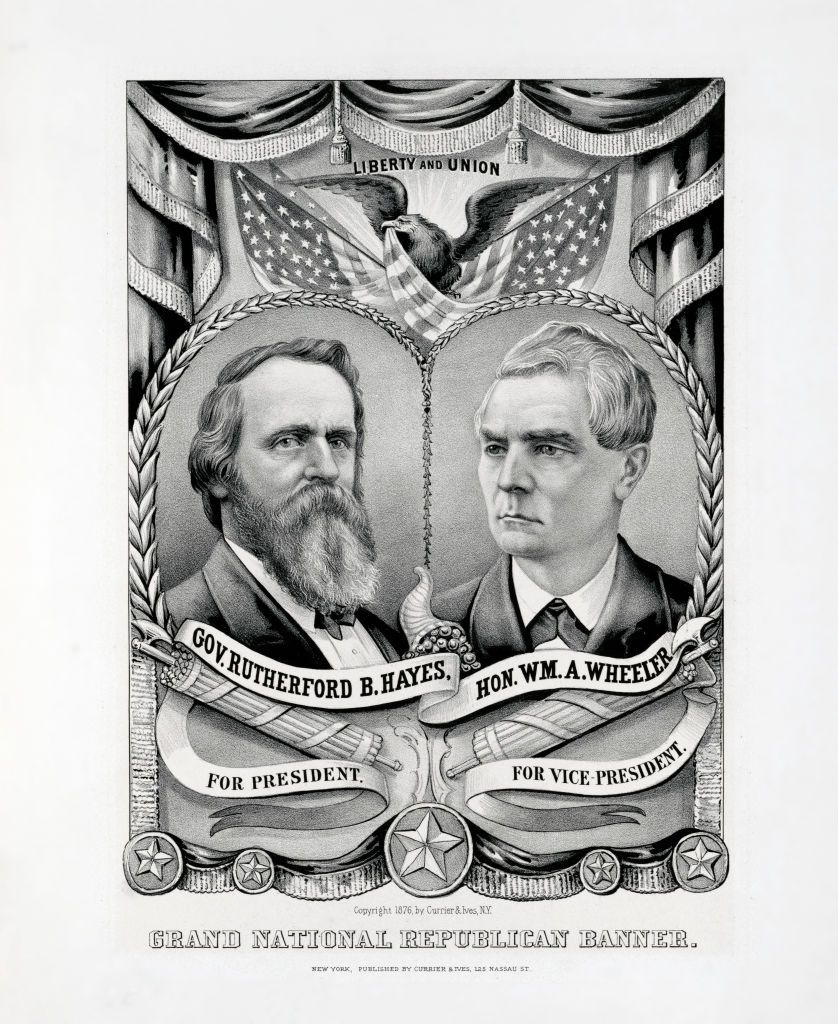 grand national republican banner, gov rutherford b hayes for president, hon william a wheeler for vice president, presidential election campaign banner, lithograph, published by currier  ives, 1876