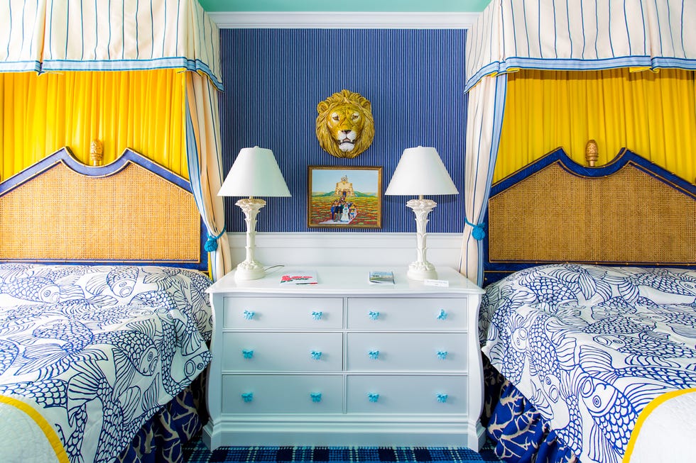 blue and yellow guest bedroom designed by dorothy draper