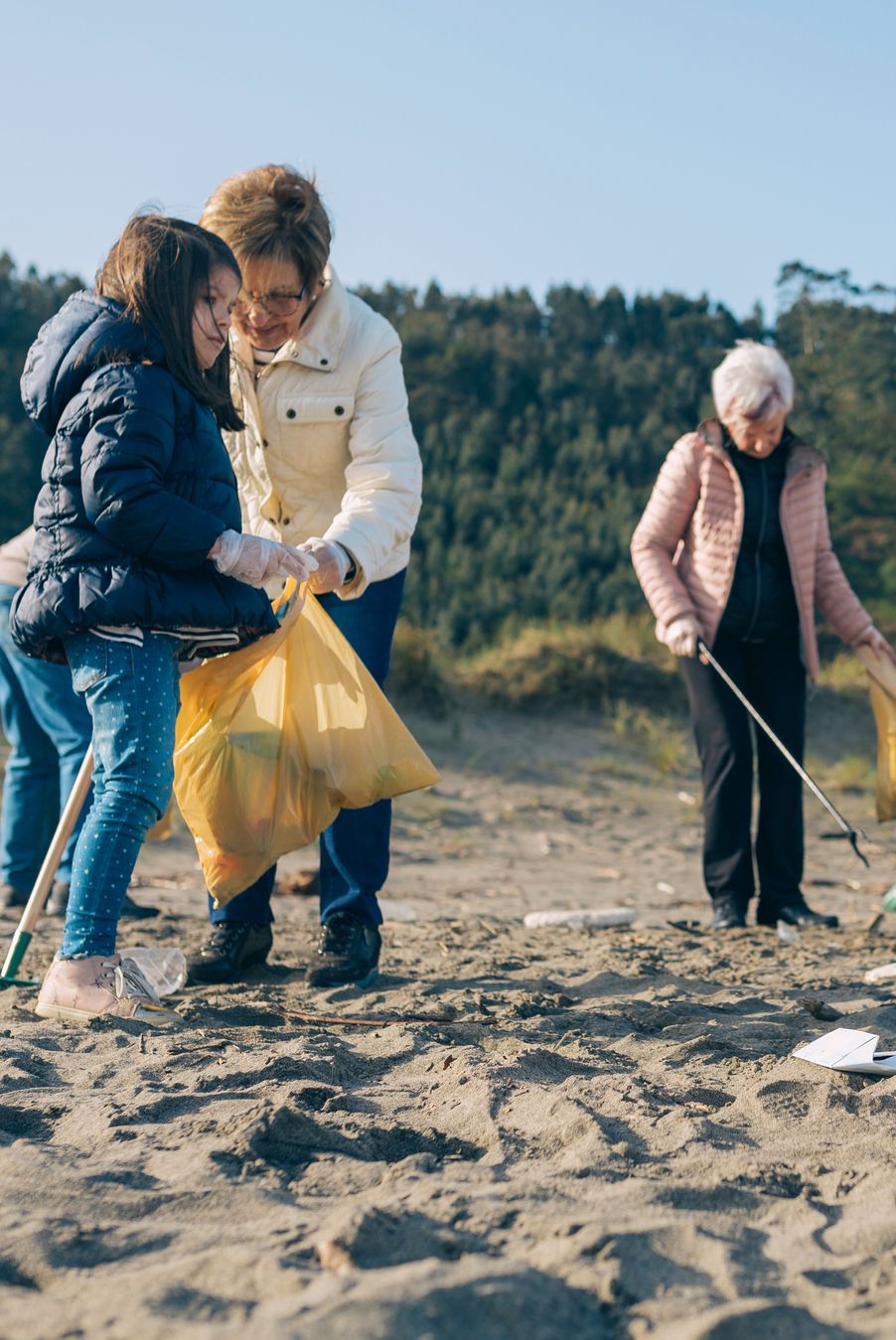 Grandparents And Grandchildren Cleaning At Beach