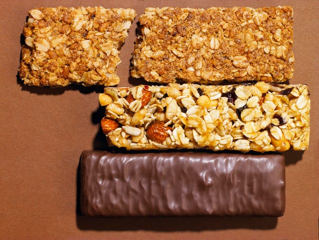 Granola, and chocolate energy bars, top view.