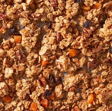 granola with oats pecans walnuts apricots coconut flakes raisins maple syrup olive oil and brown sugar