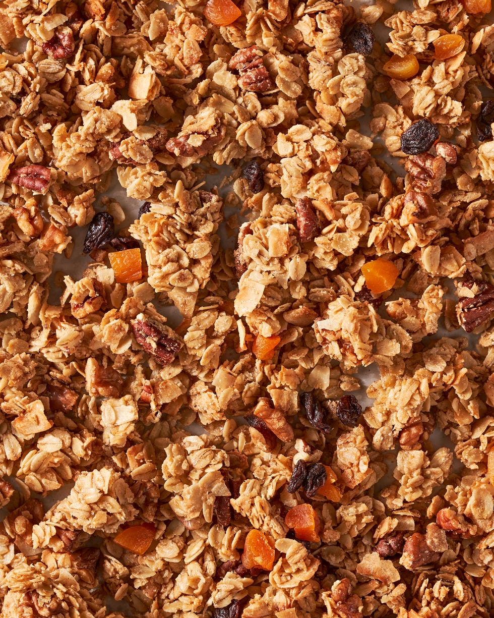 granola with oats pecans walnuts apricots coconut flakes raisins maple syrup olive oil and brown sugar