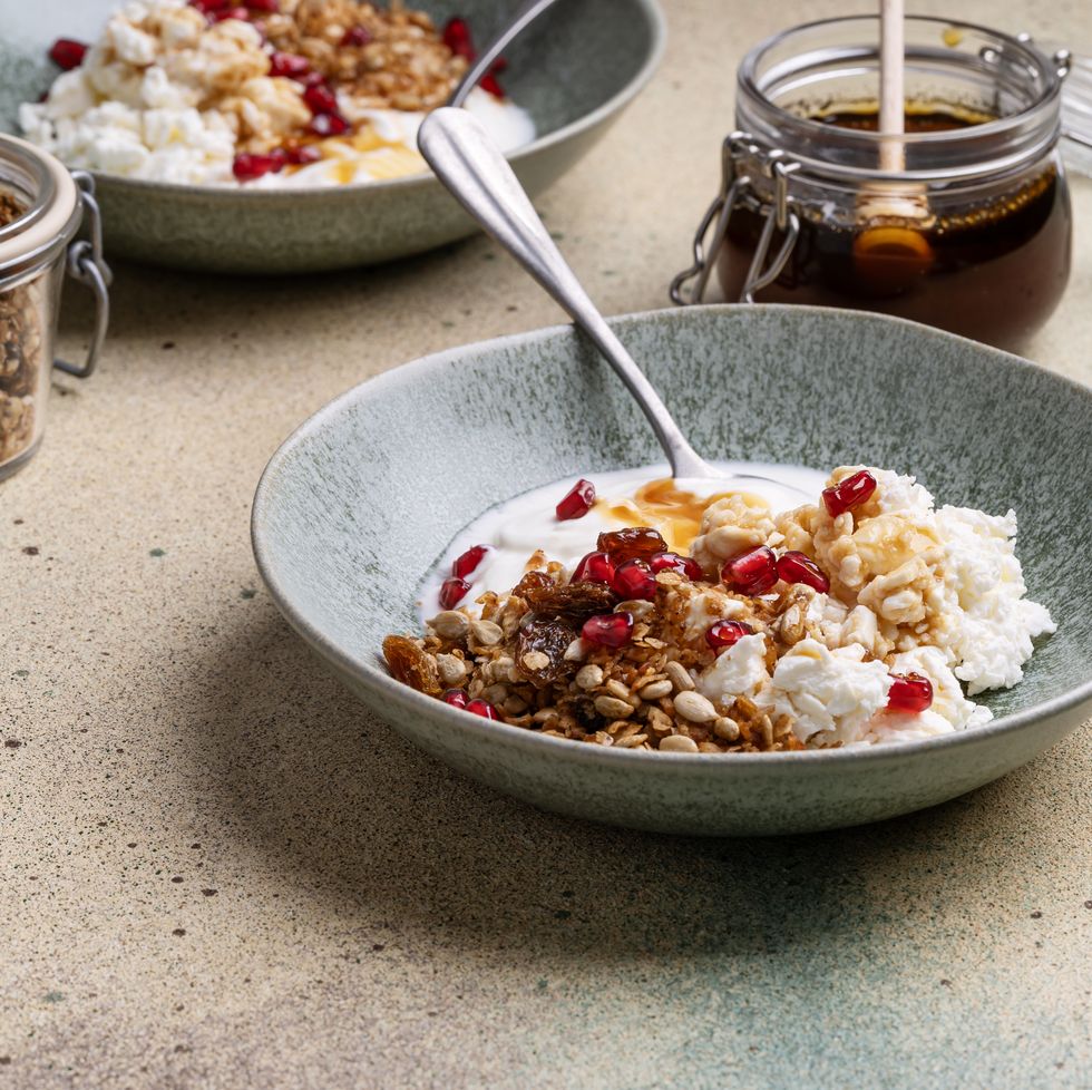 granola with cottage cheese, kefir, pomegranate, and honey, trending fermented foods