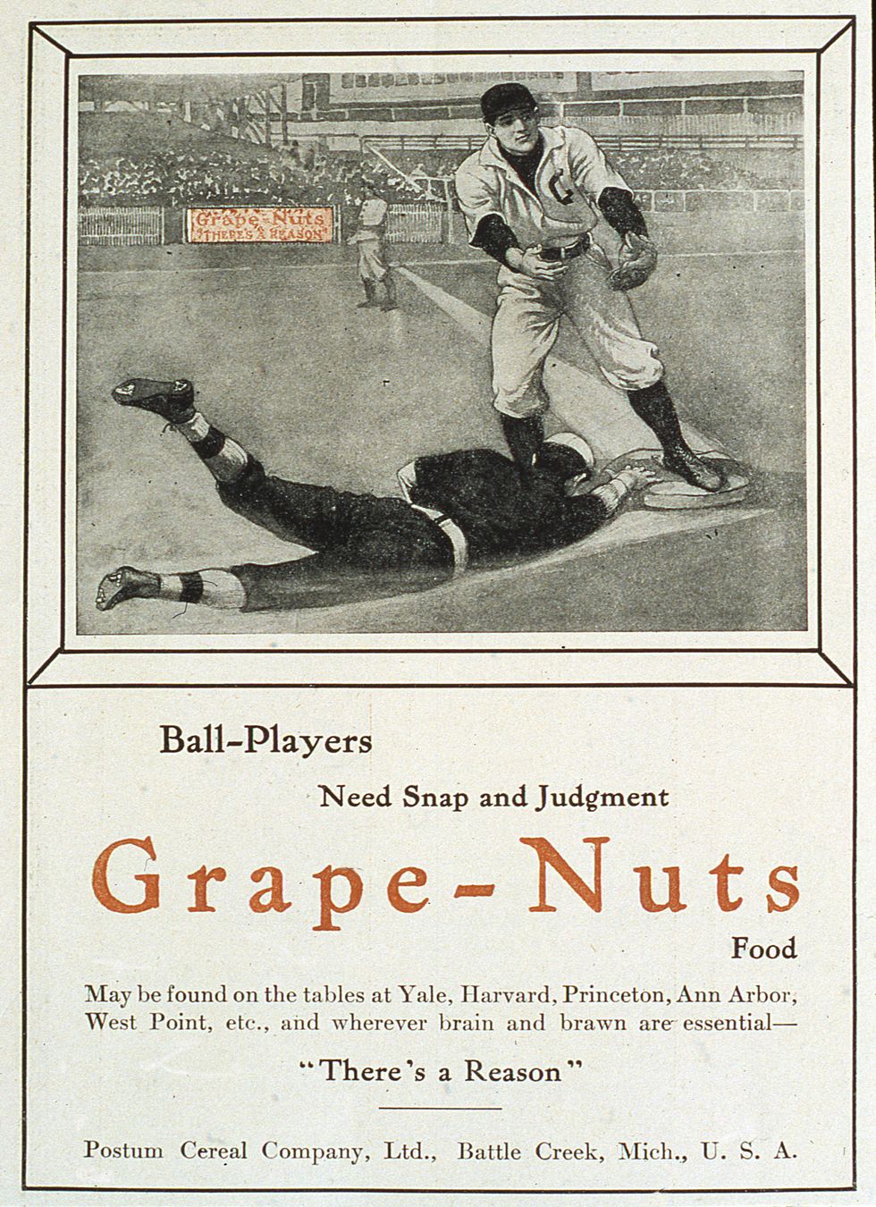 advertisement for grape nuts cereal features an illustration of on field baseball action, circa 1915 photo by transcendental graphicsgetty images