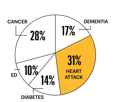 cancer 28 percent ed 10 percent diabetes 14 percent heart attack 31 percent dementia 17 percent