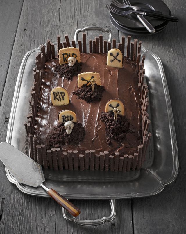 sheet cake with cookie gravestones, dirt and skeletons