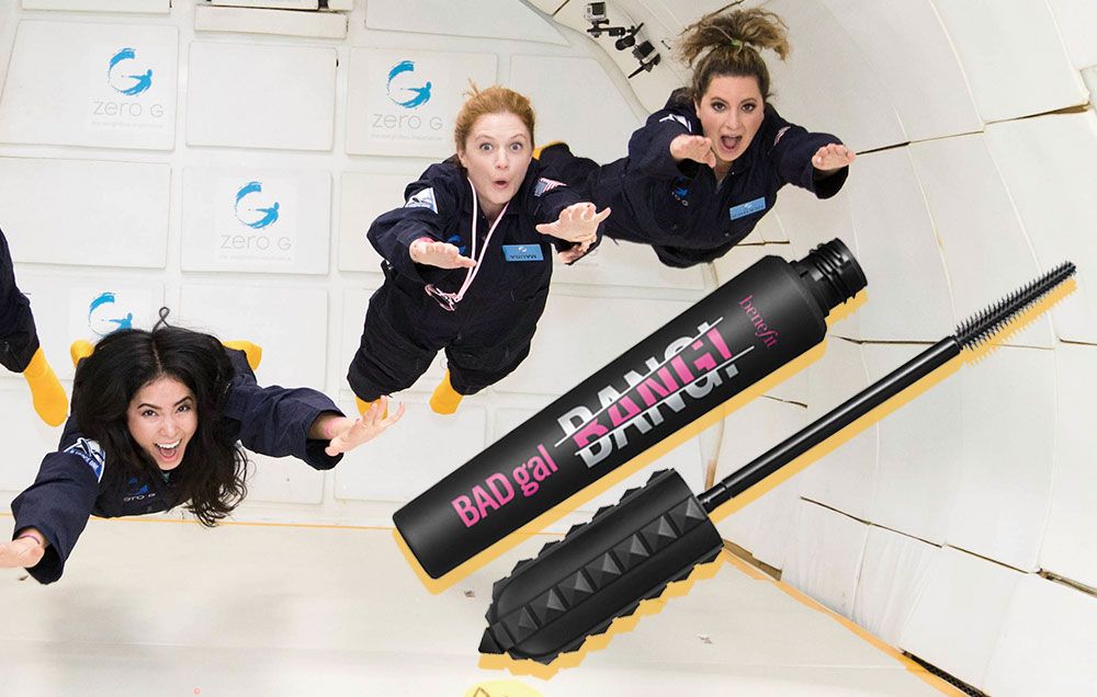 Beauty director Maura Lynch tries new mascara from Benefit in zero-gravity experience.