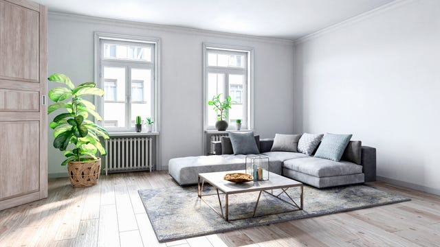 spacious empty gray living room with wooden flooring