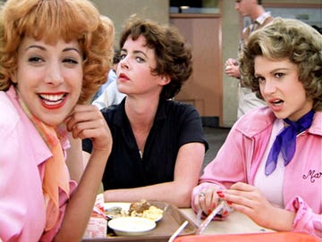 grease, didi conn as frenchy, stockard channing as betty rizzo and dinah manoff as marty maraschino